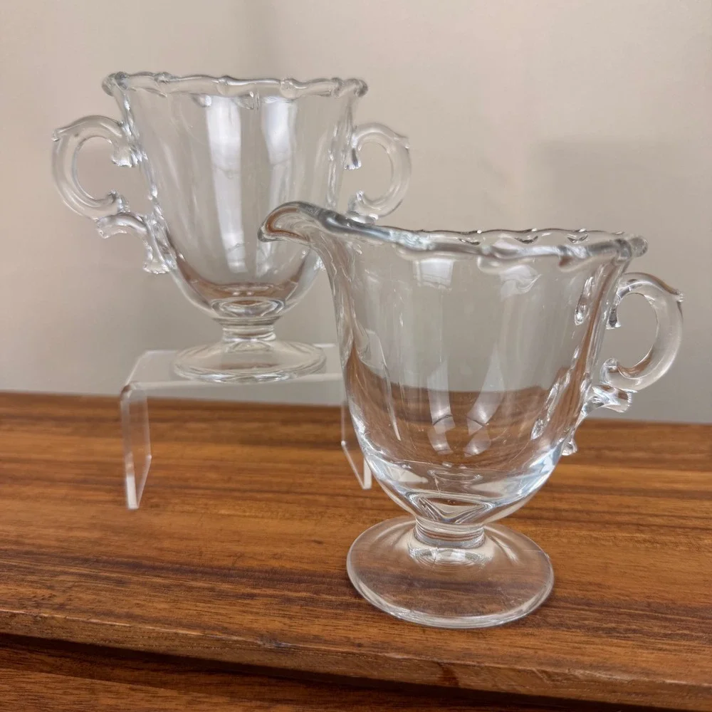 Vintage Fostoria Century Glass Creamer & Sugar Bowl Set Scalloped Edge Pedestal